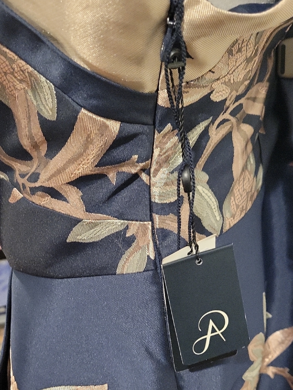 Adrianna Papell Sleeveless Navy Dress with Rose Gold Floral Jacquard - Picture 8 of 11